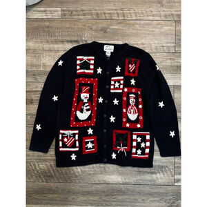 Quacker Factory Patriotic Snowman Vintage Holiday Cardigan – Medium
